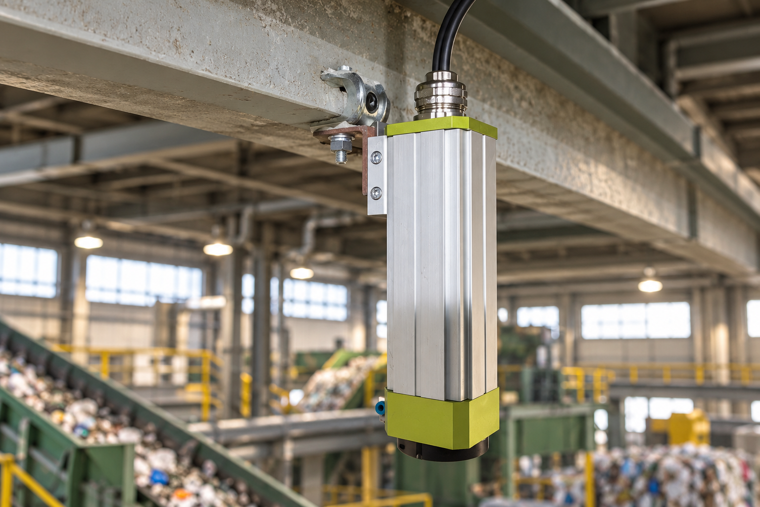Fixed Stellai sensor mounted beneath a beam above a sorting conveyor