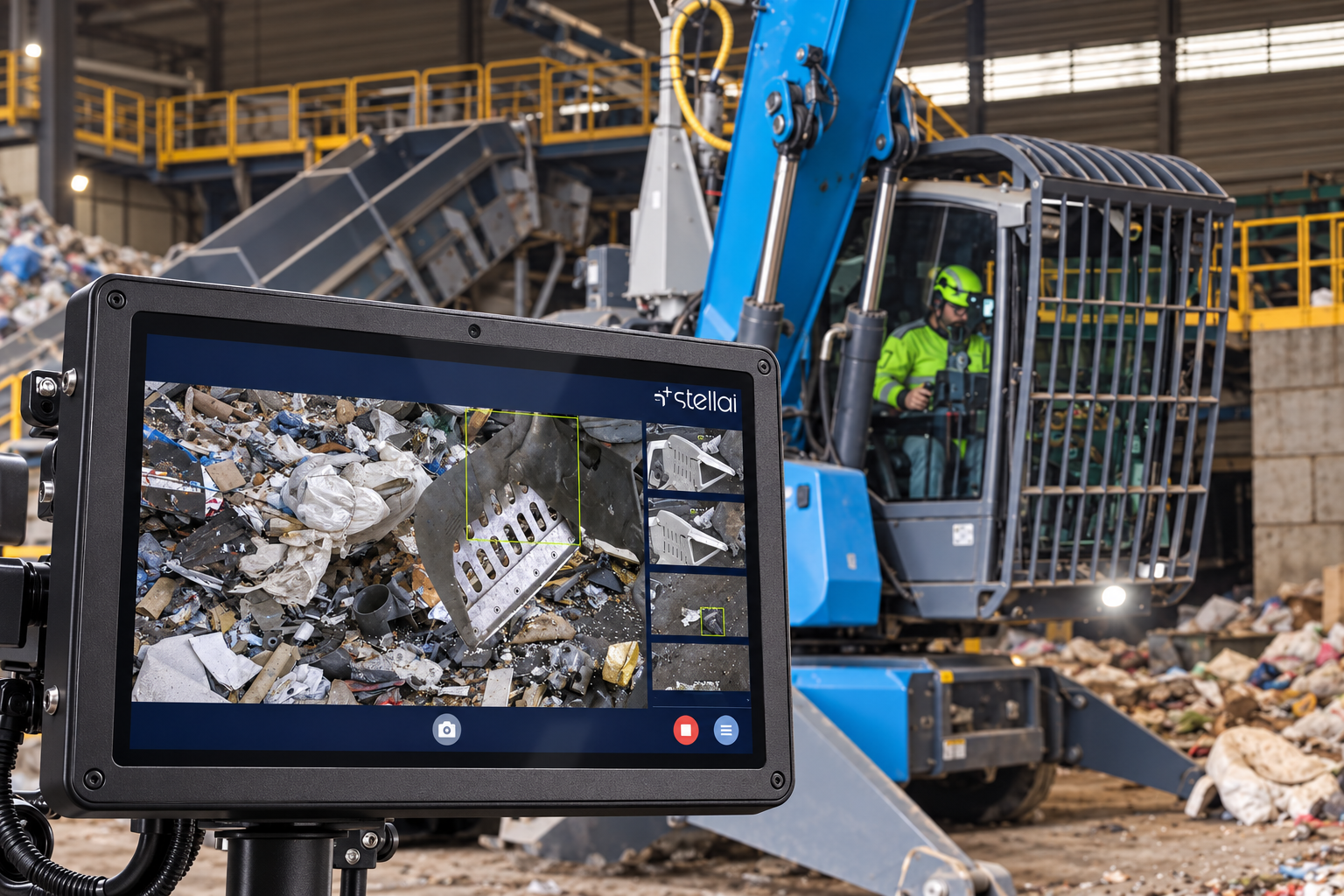 Stellai touchscreen in a material-handler cab showing a detected object while the operator works the controls