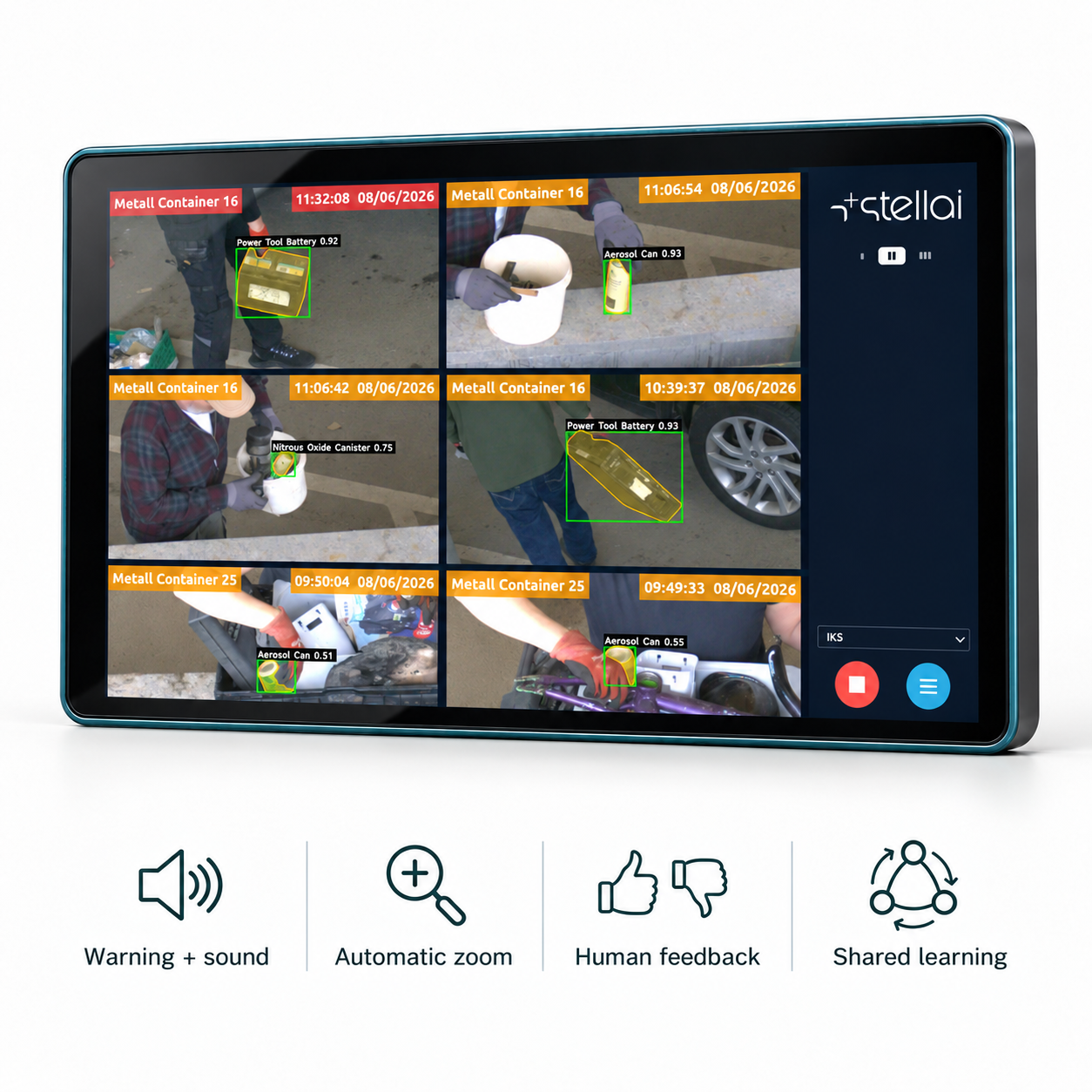 Stellai touchscreen showing six detection tiles with four feature icons below